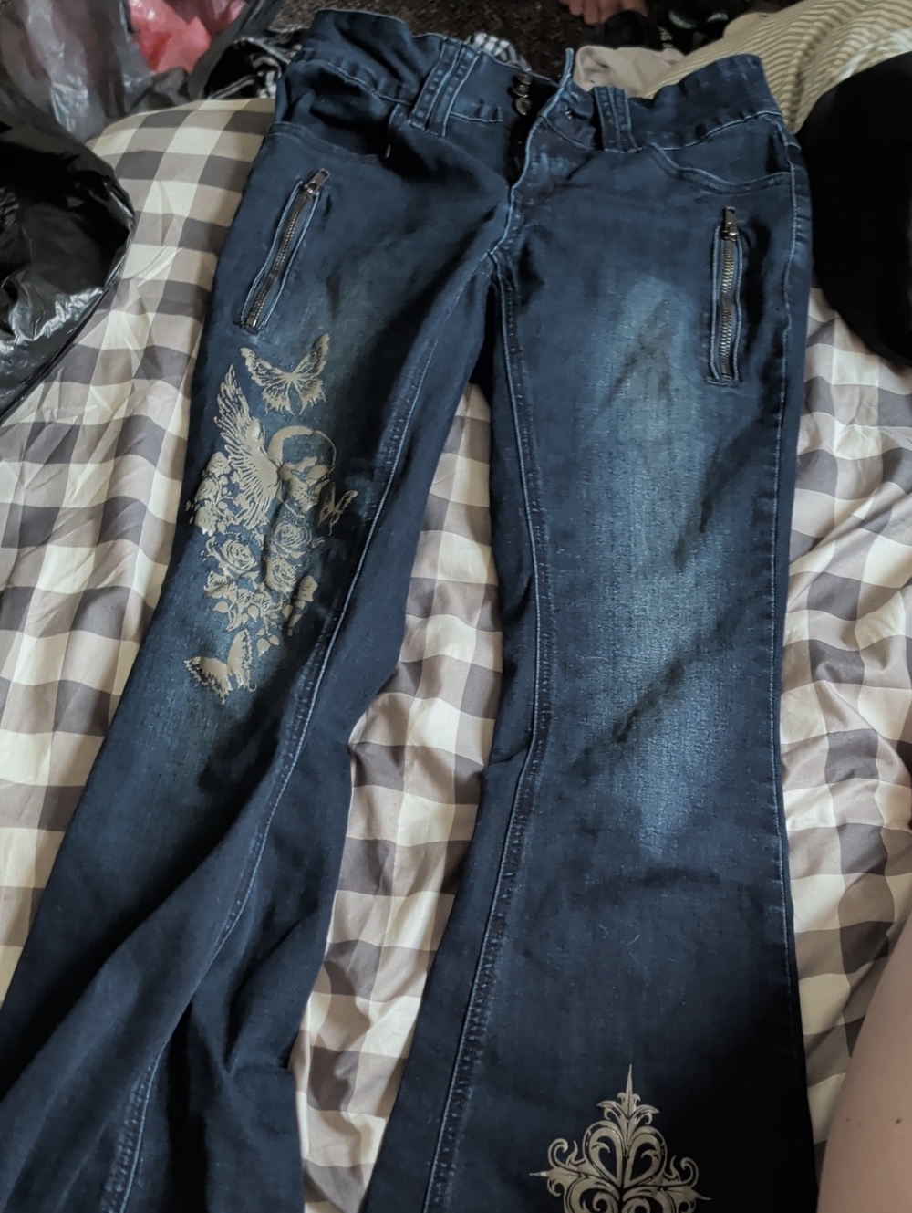 Hot Topic Dark Blue Embroidered Flare Jeans with Zipper Pockets